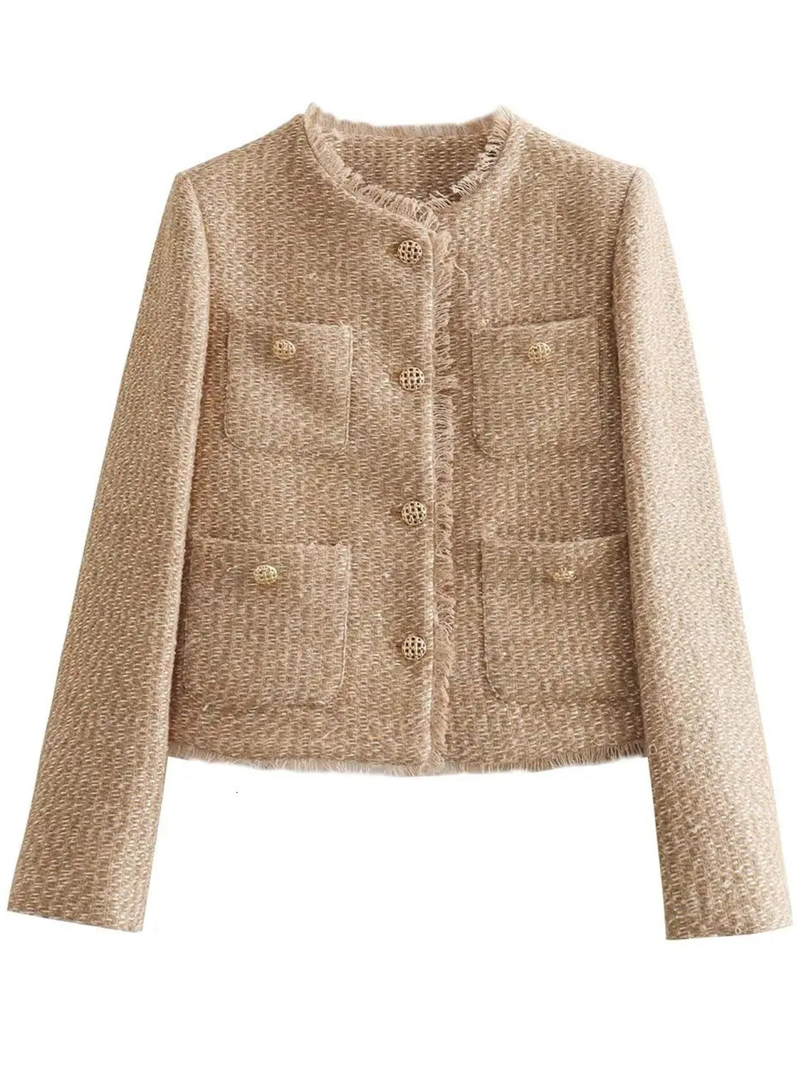 Raw Hem Pocketed Round Neck Jacket Stylish