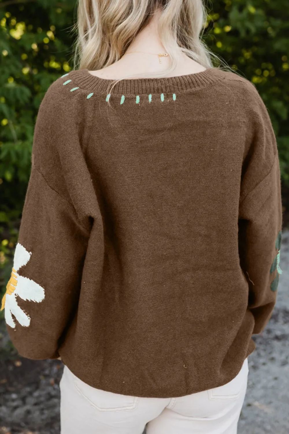 Flower V-Neck Dropped Shoulder Sweater Stylish