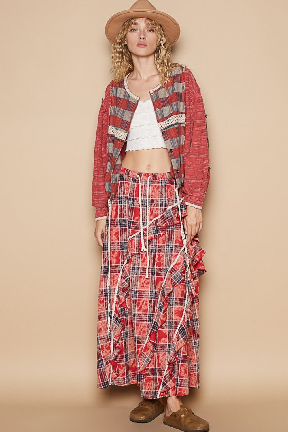 POL Round Neck Long Sleeve Plaid Shirt - Casual