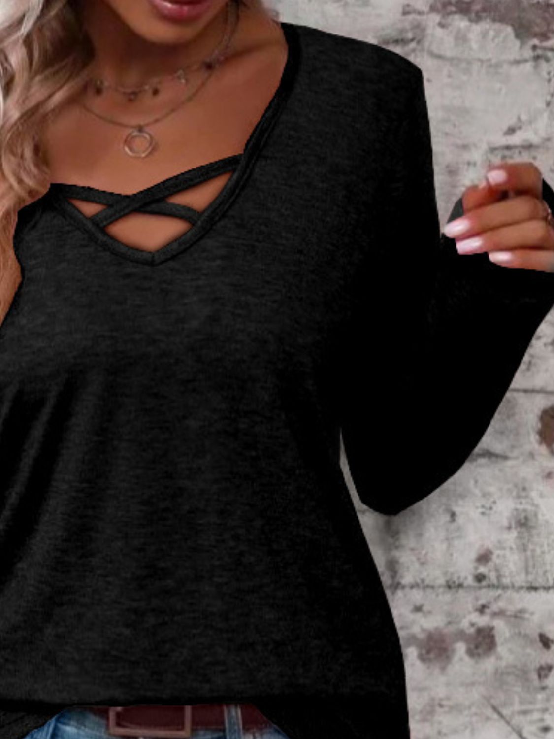 Crisscross V-Neck Long Sleeve T-Shirt-Comfortable-Fabric