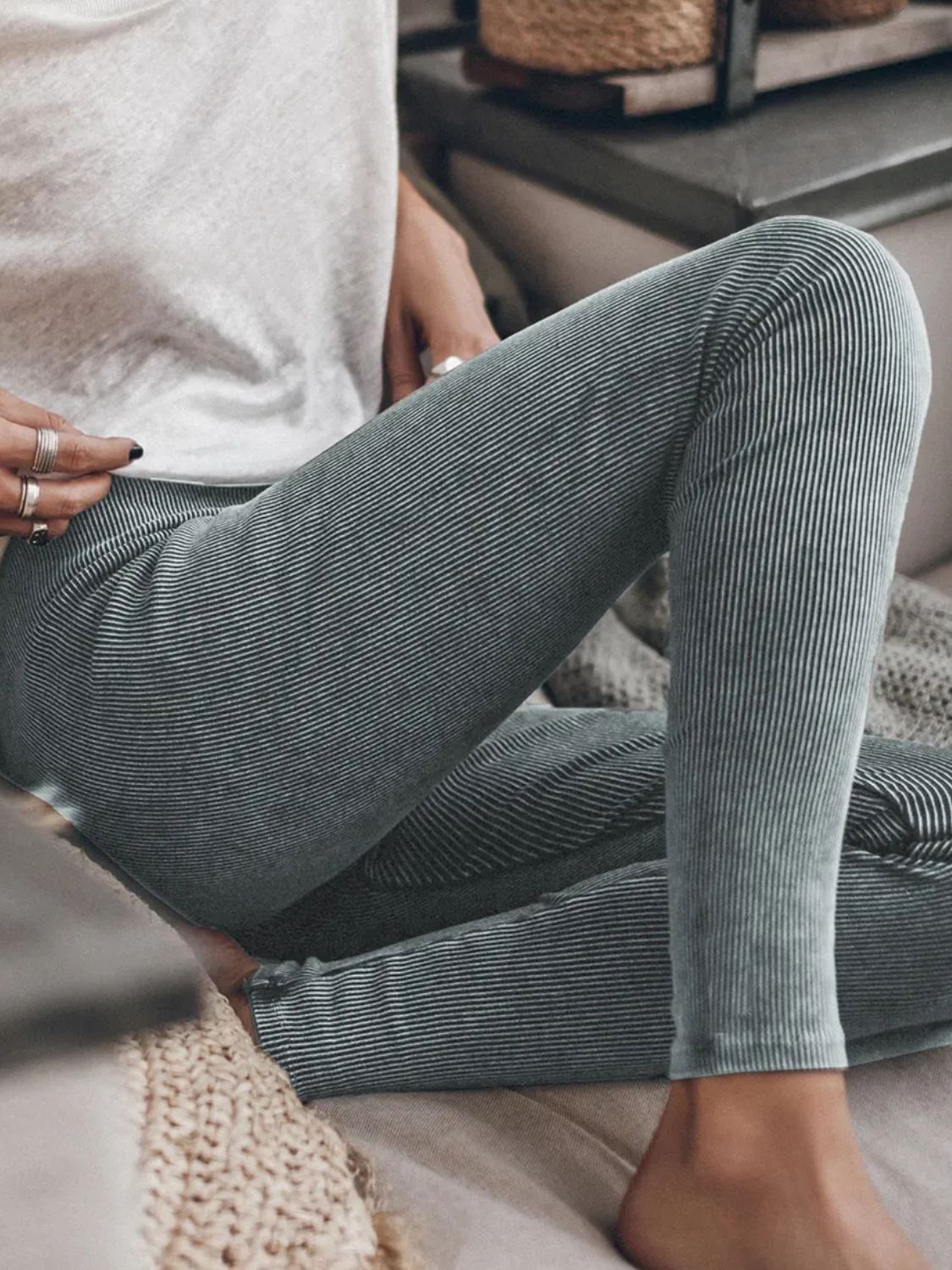 Ribbed Elastic Waist Leggings-Casual-Comfort