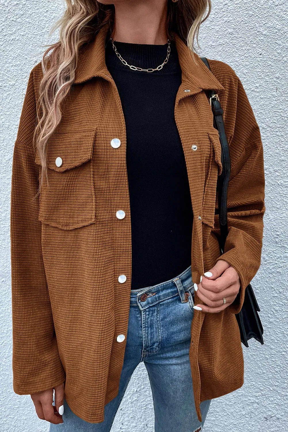 Pocketed Snap Down Long Sleeve Jacket-Comfortable