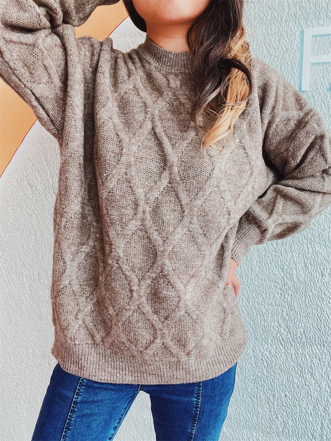Diamond Round Neck Long Sleeve Sweater Winter Fashion