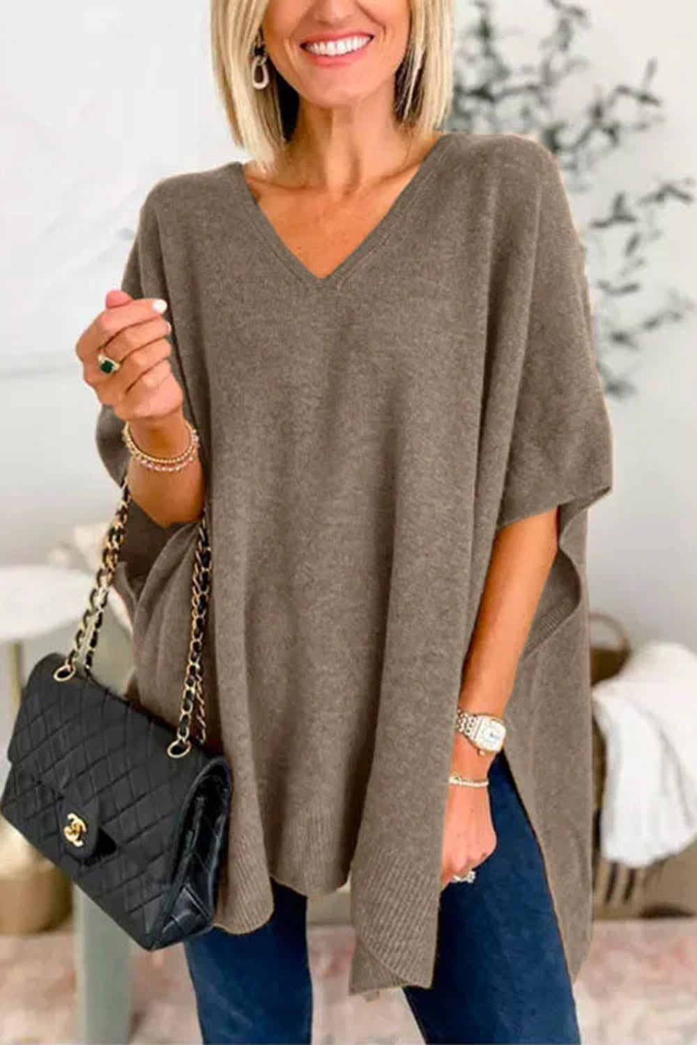 Slit V-Neck Half Sleeve Knit Top-Stylish