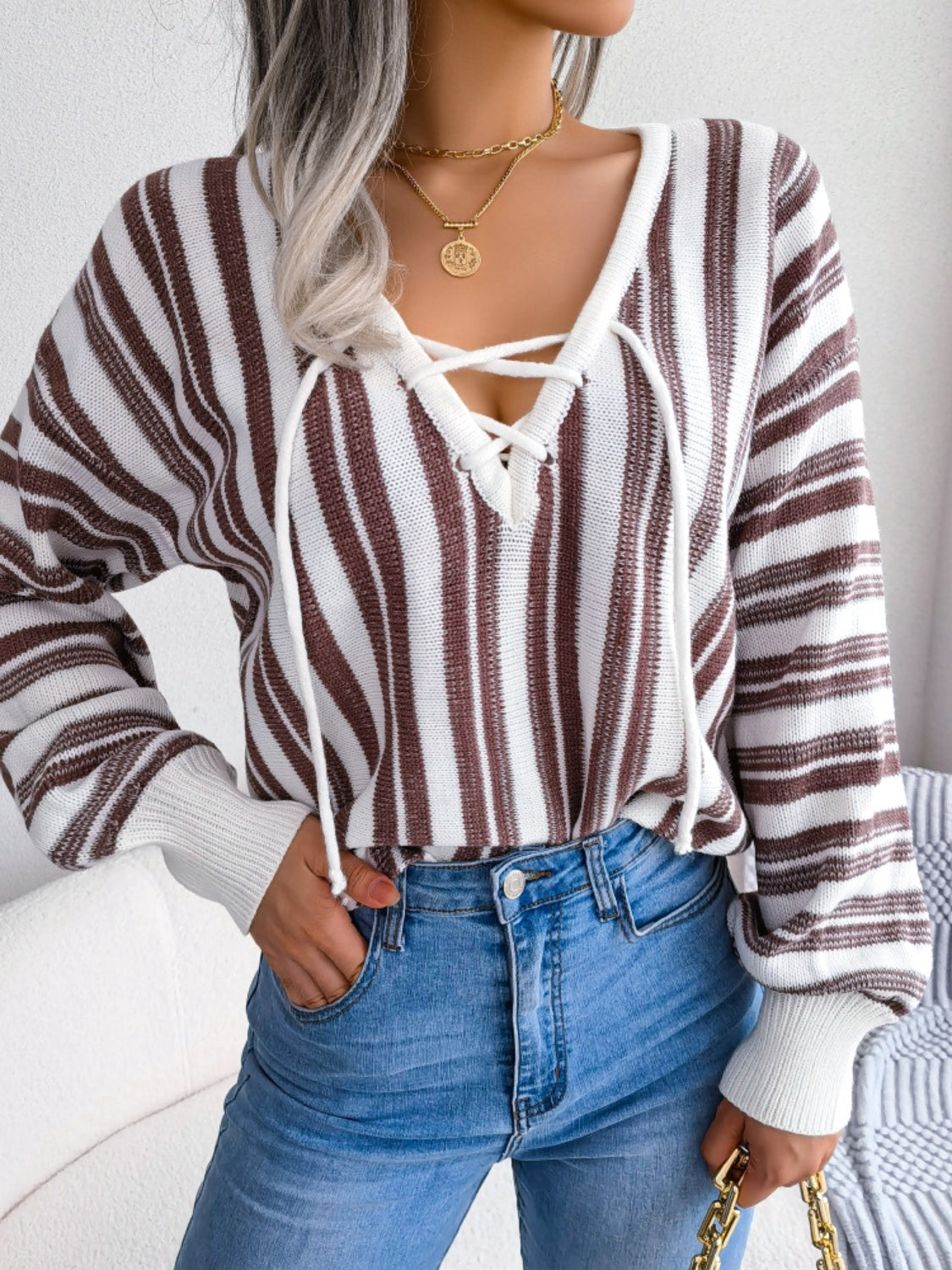 Striped Lace-Up Long Sleeve Sweater-Casual
