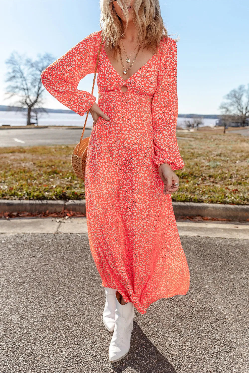 Printed V-Neck Long Sleeve Midi Dress-Stylish-Casual