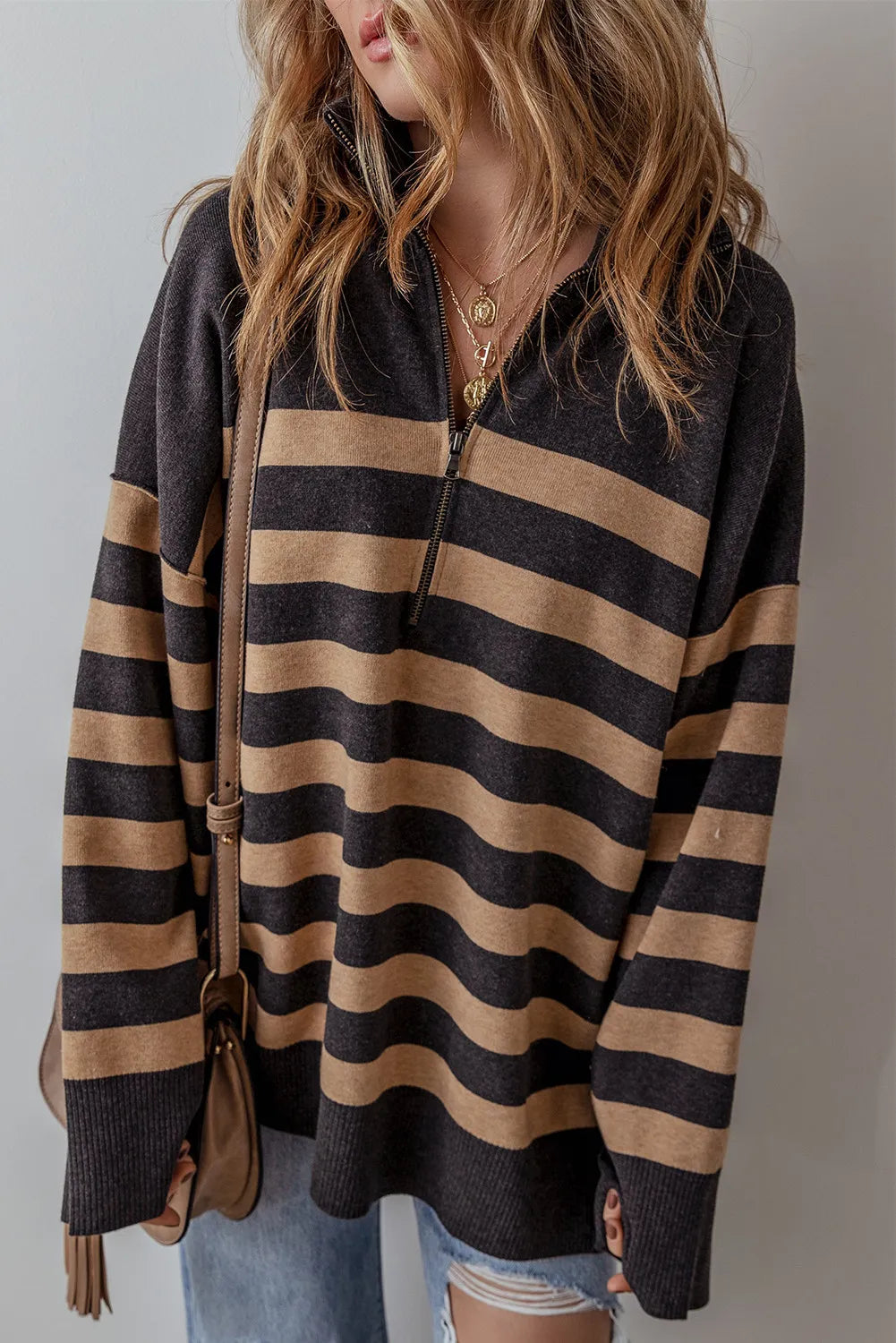 Striped Half Zip Long Sleeve Knit Casual Top