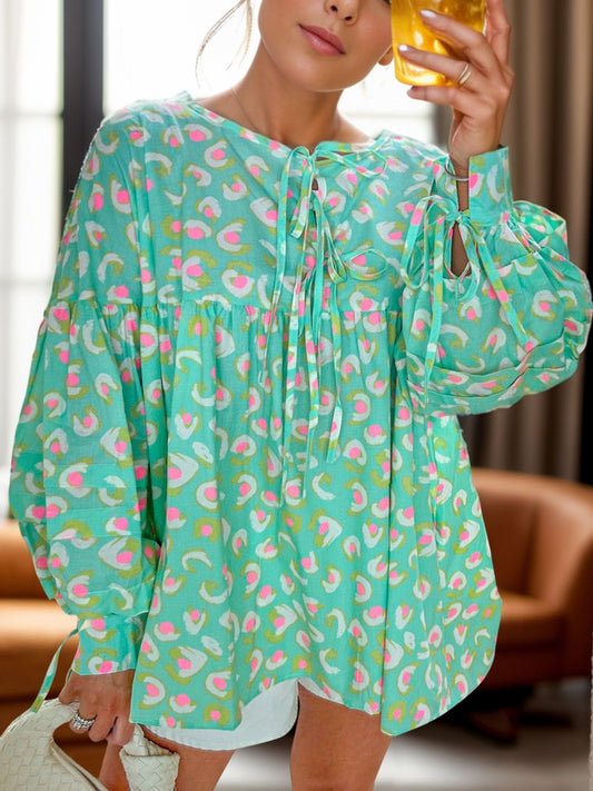 Tied Printed Long Sleeve Blouse-Casual-Style