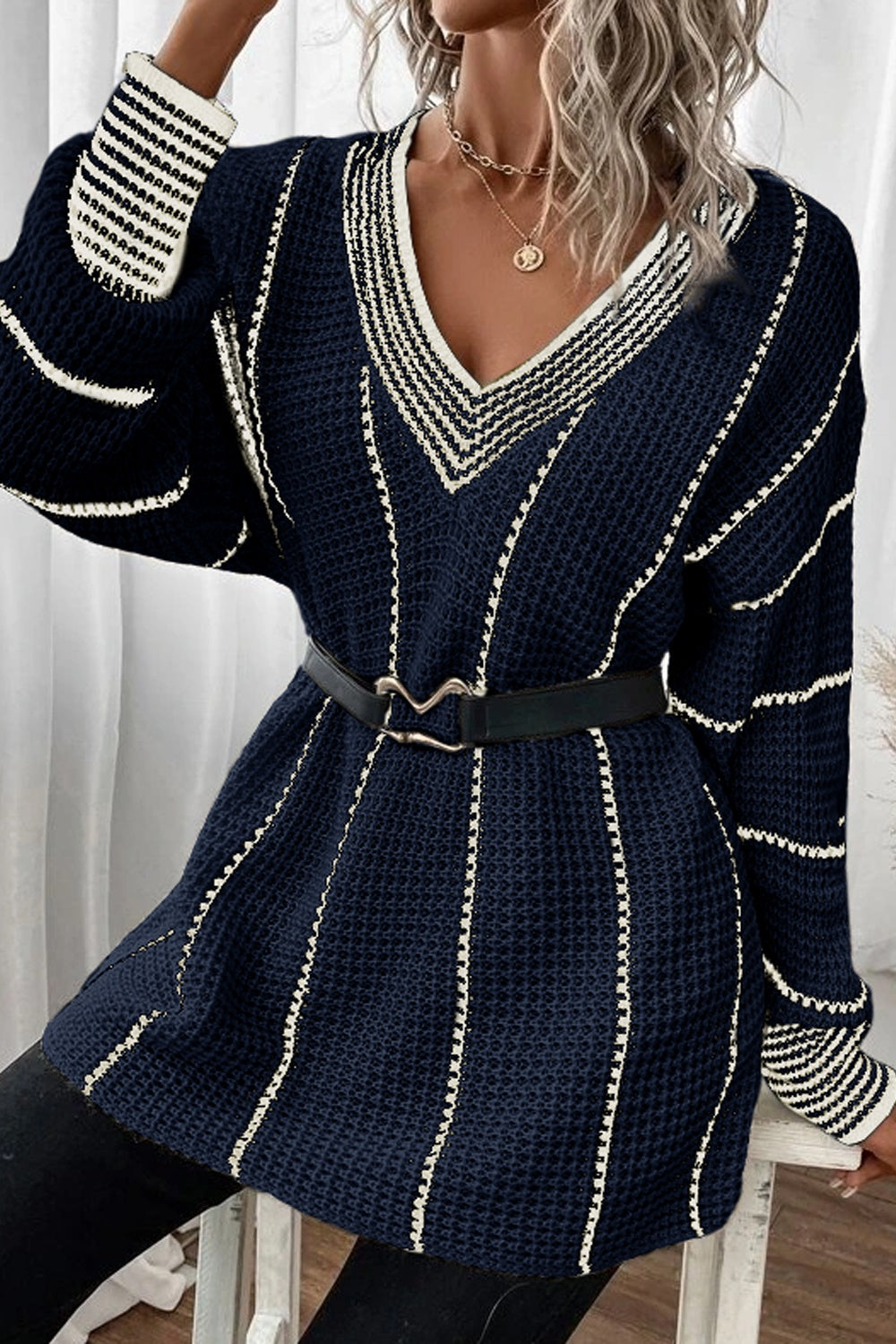Striped V-Neck Dropped Shoulder Sweater-Fashionable