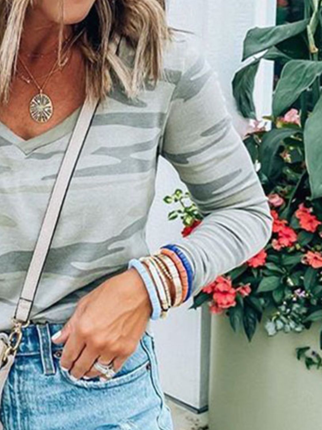 Camouflage V-Neck Long Sleeve T-Shirt Trendy