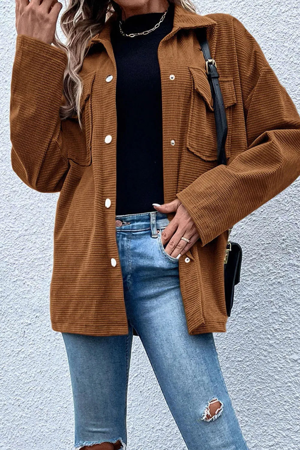 Pocketed Snap Down Long Sleeve Jacket-Comfortable