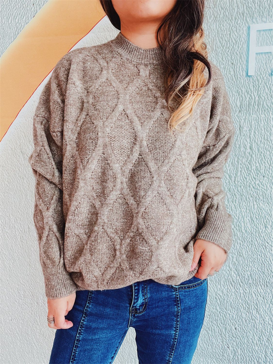 Diamond Round Neck Long Sleeve Sweater Winter Fashion