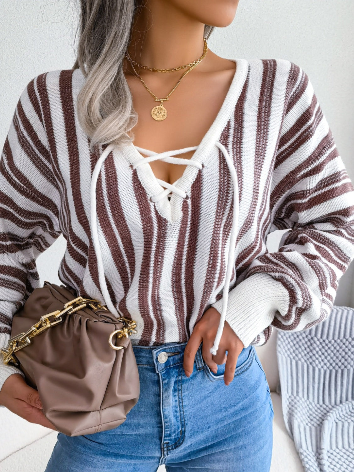Striped Lace-Up Long Sleeve Sweater-Casual