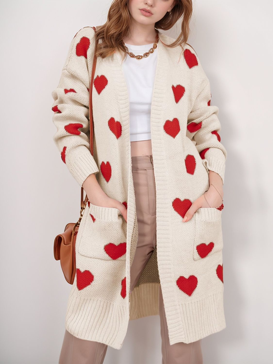 Heart Open Front Long Sleeve Cardigan Cozy
