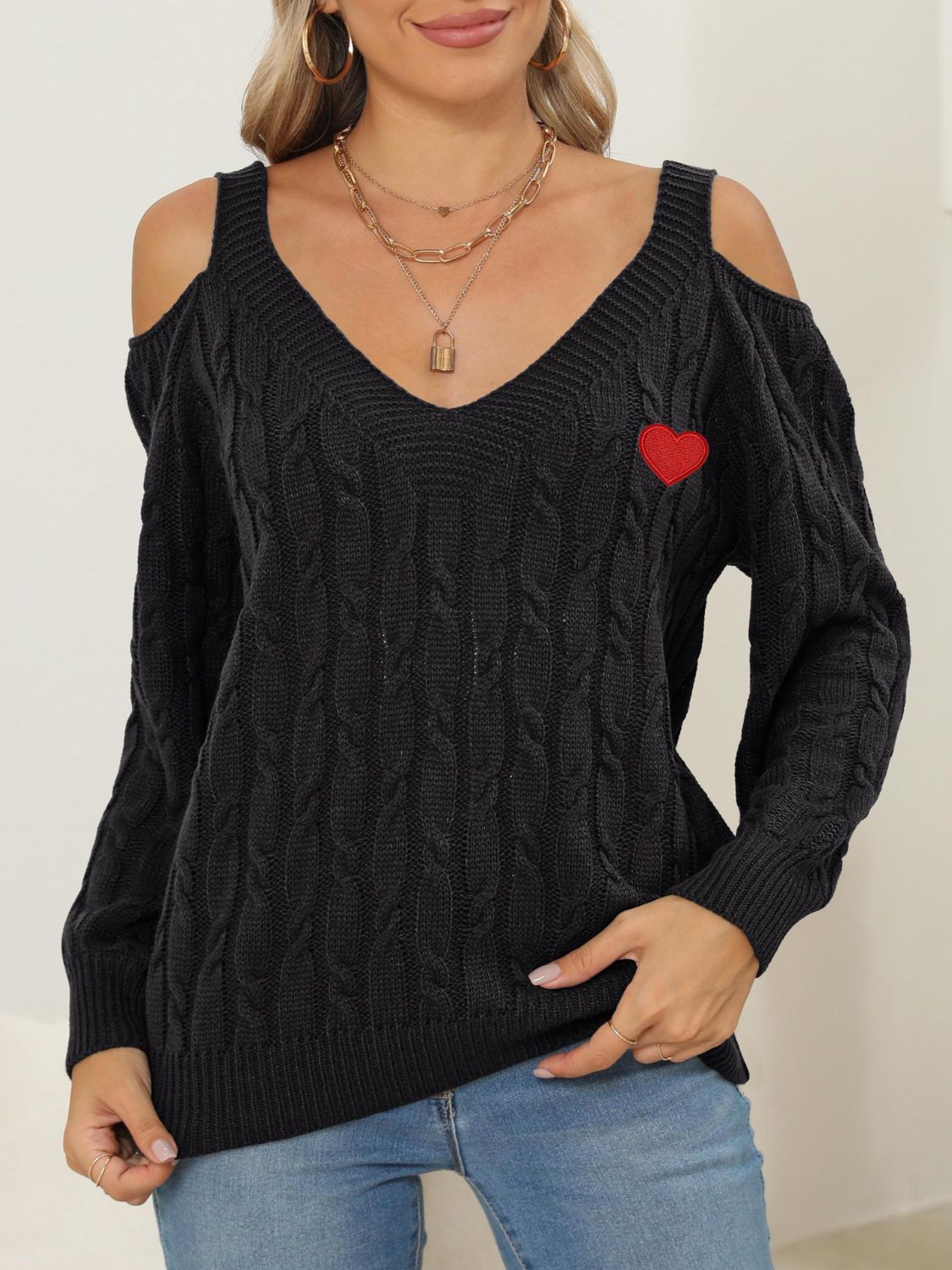 Cable-Knit Heart V-Neck Sweater-Comfortable