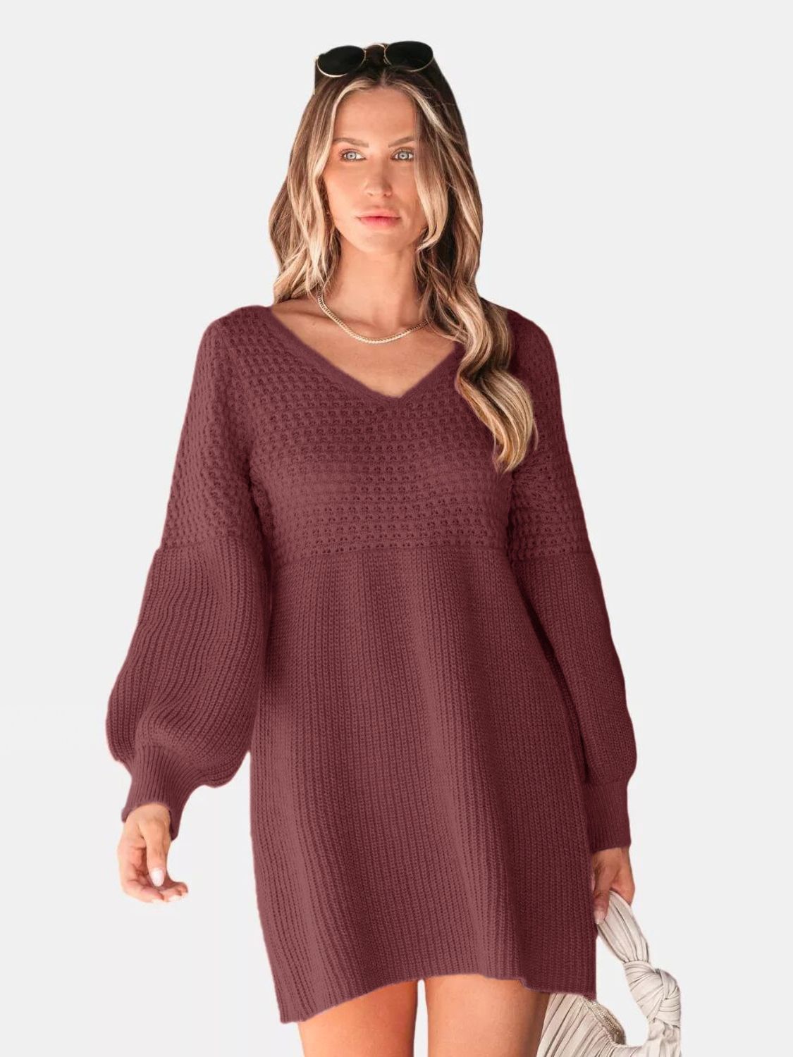 Perfee V-Neck Long Sleeve Sweater- Dress