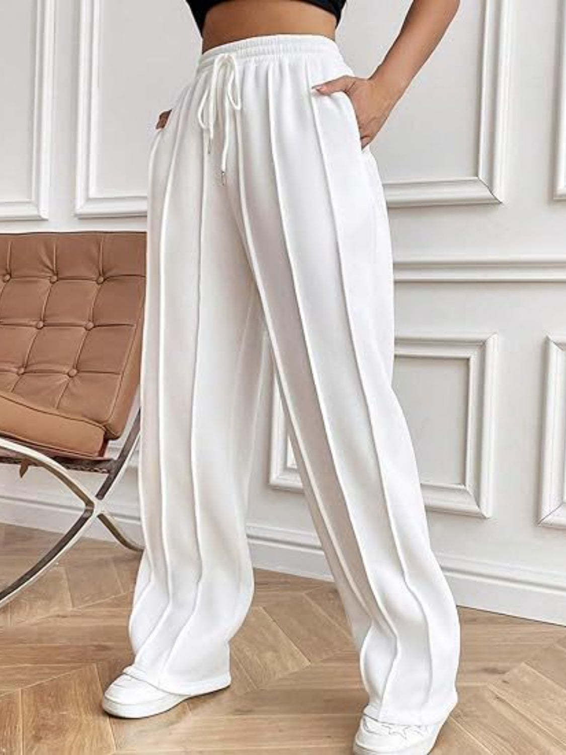 Drawstring Wide Leg Pants with Pockets-Comfortable