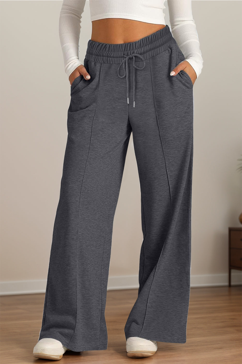 Drawstring Elastic Waist - Wide Leg Pants