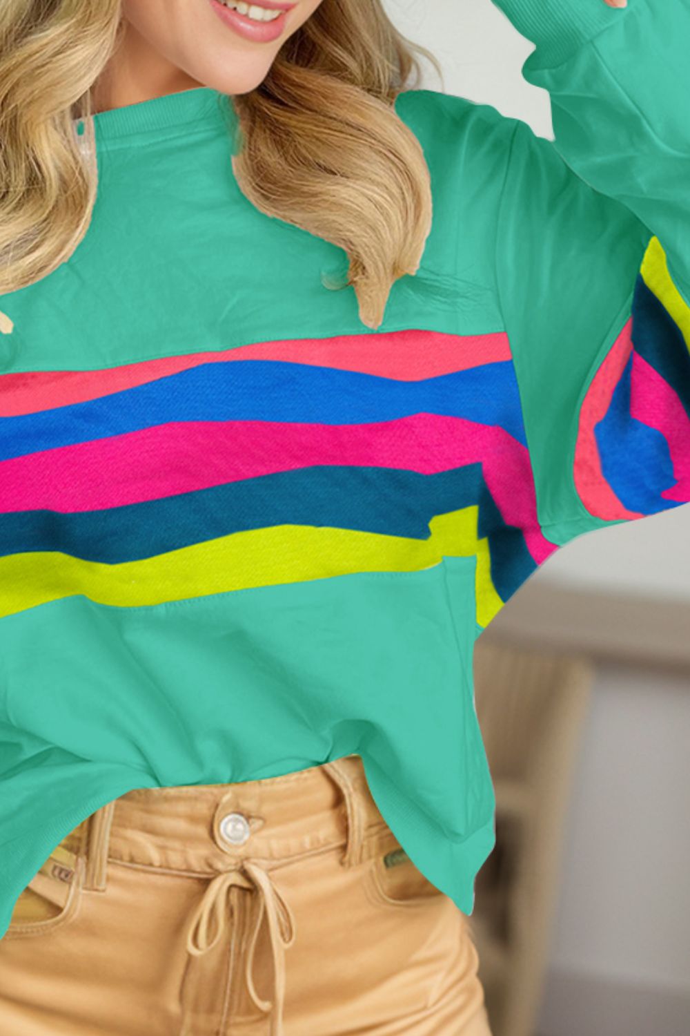 Contrast Round Neck Long Sleeve Top-Casual-Style