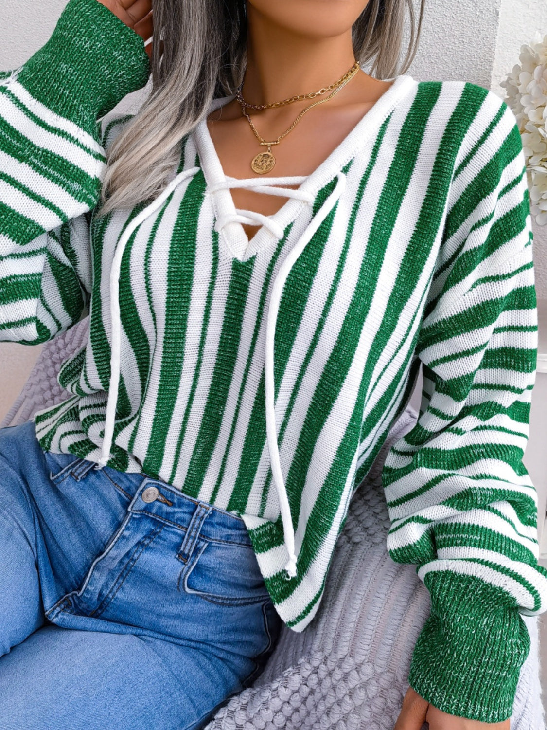 Striped Lace-Up Long Sleeve Sweater-Casual