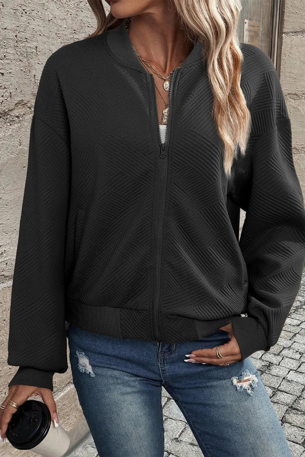 Textured Zip Up Baseball Collar Jacket-Versatile