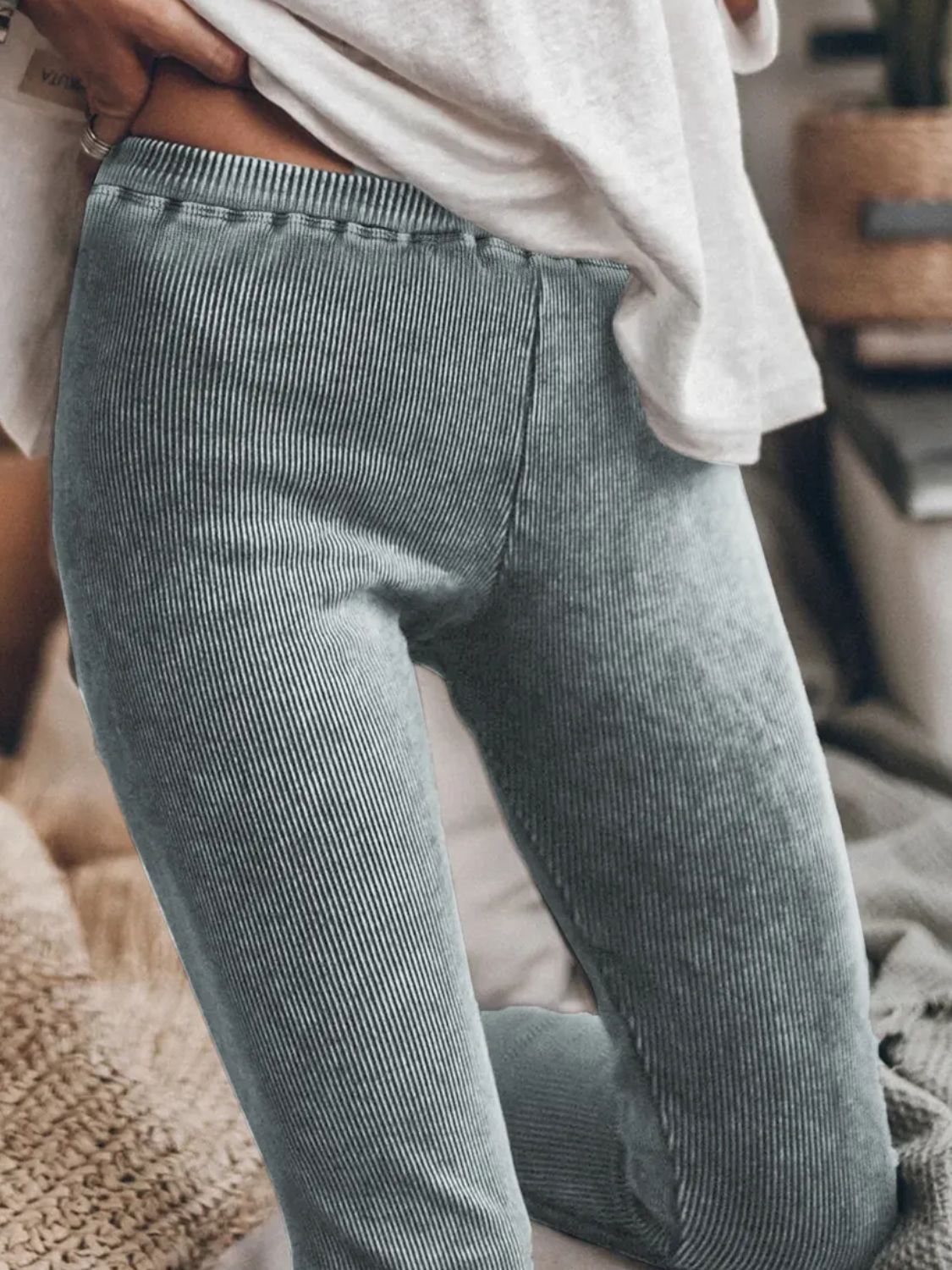 Ribbed Elastic Waist Leggings-Casual-Comfort