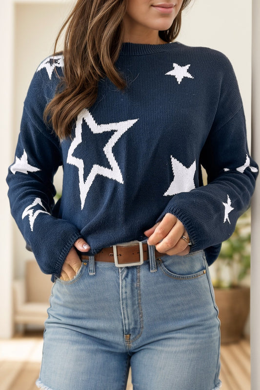 Star Round Neck - Long Sleeve Sweater-Casual