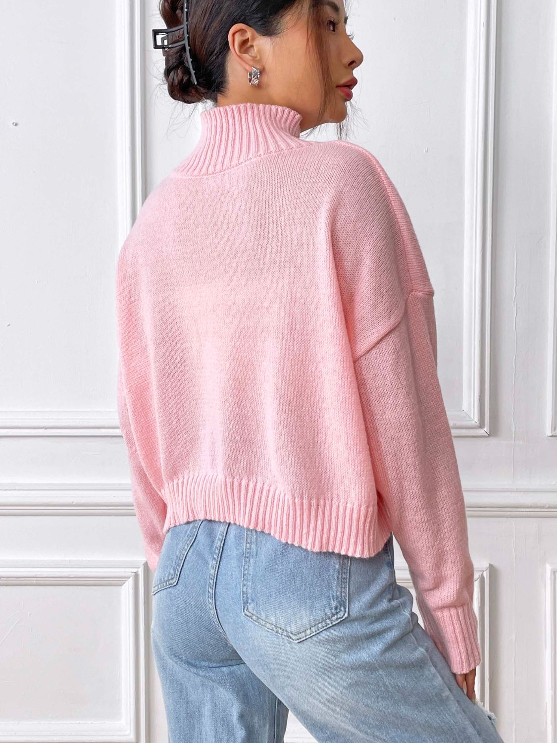Flower Turtleneck Long Sleeve Sweater-Trendy