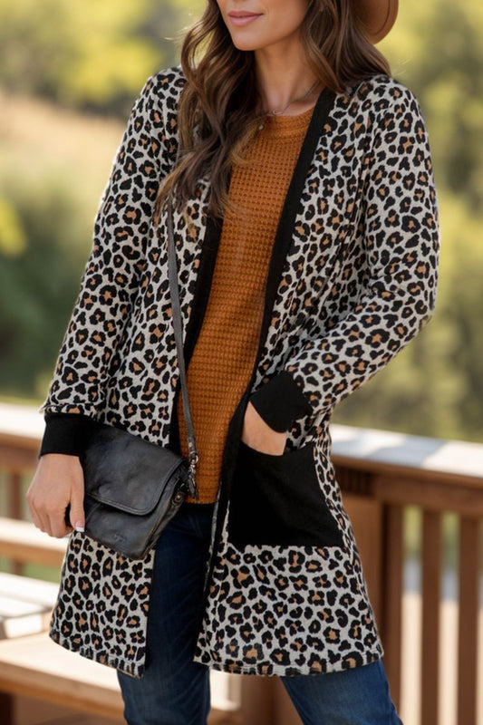 Pocketed Leopard Open Front Cover Up-Stylish