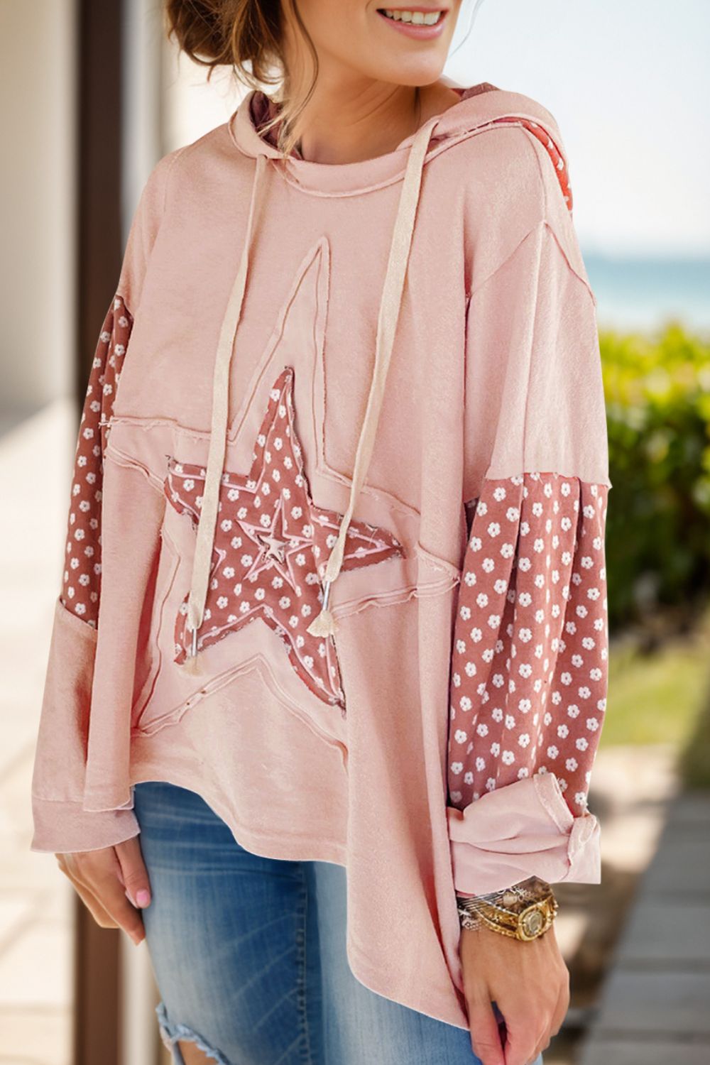 Drawstring Star Long Sleeve Hoodie-Casual