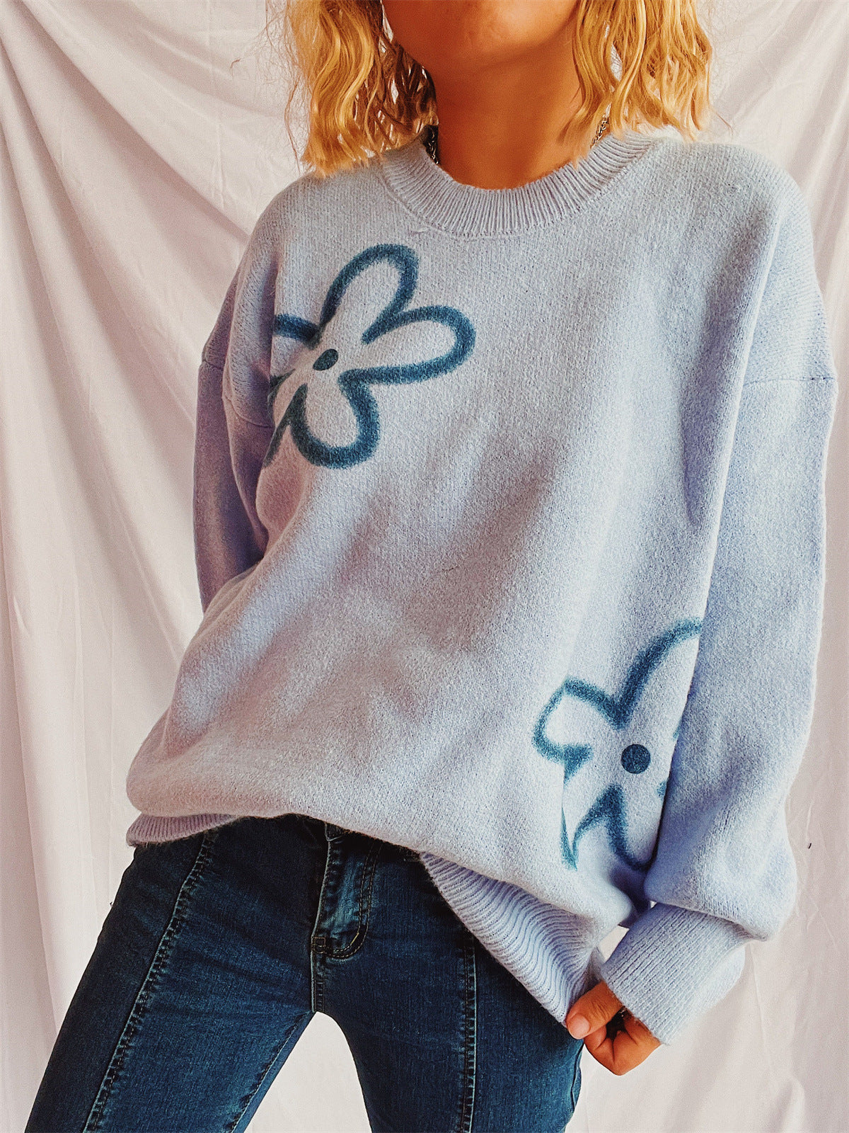 Flower Round Neck Long Sleeve Sweater Cozy