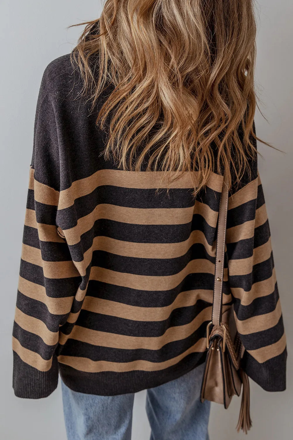 Striped Half Zip Long Sleeve Knit Casual Top