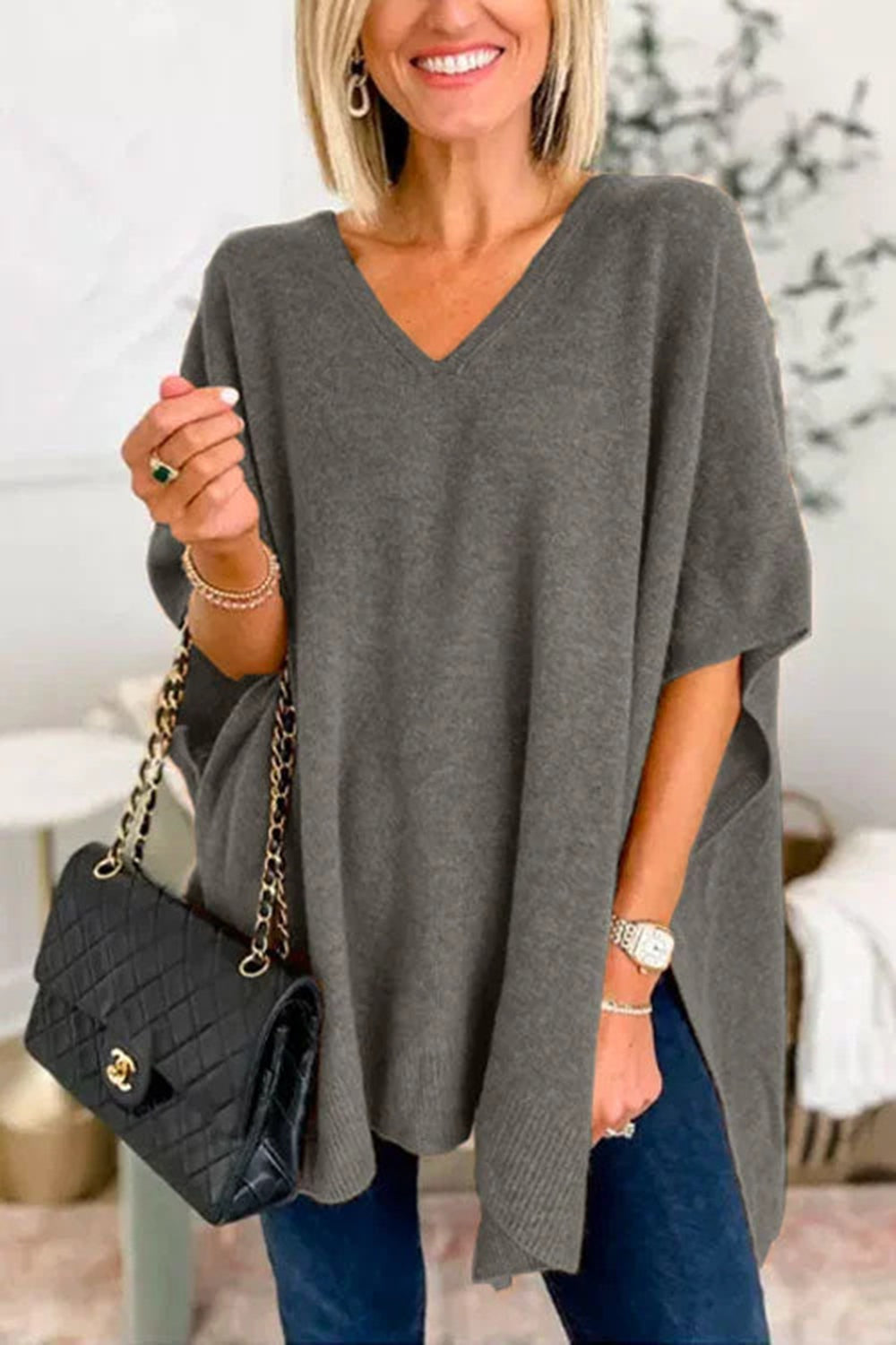Slit V-Neck Half Sleeve Knit Top-Stylish