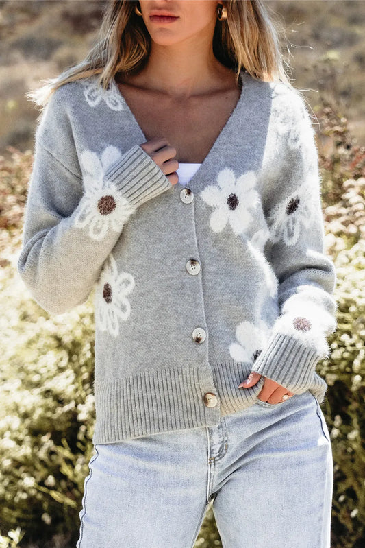 Flower Button Up Long Sleeve Cardigan-Versatile