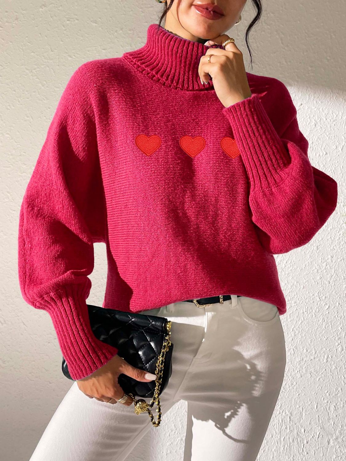 Heart Turtleneck Long Sleeve Sweater-Comfortable
