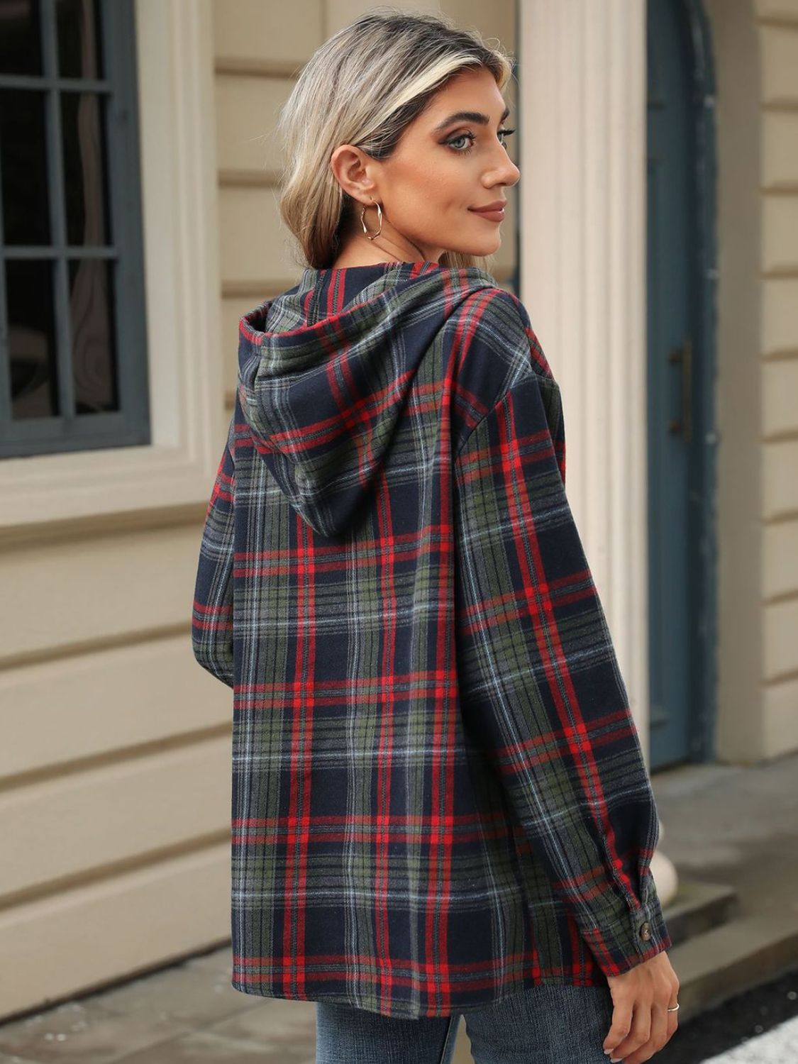Drawstring Plaid Hooded - Long Sleeve Top