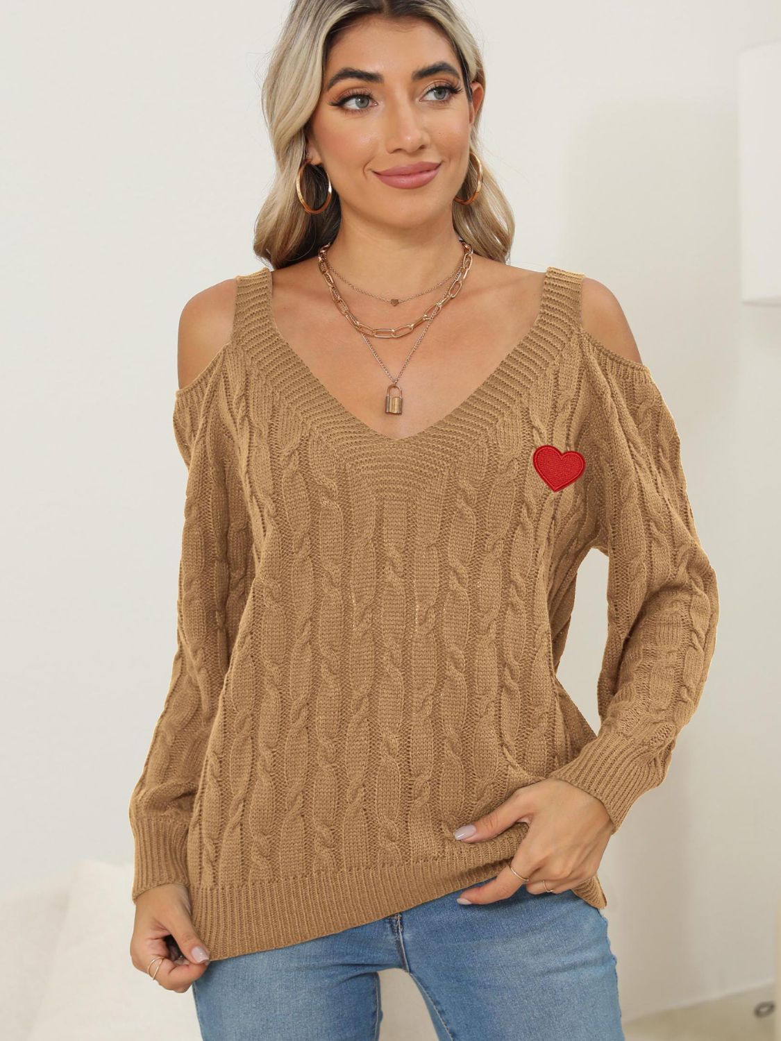 Cable-Knit Heart V-Neck Sweater-Comfortable
