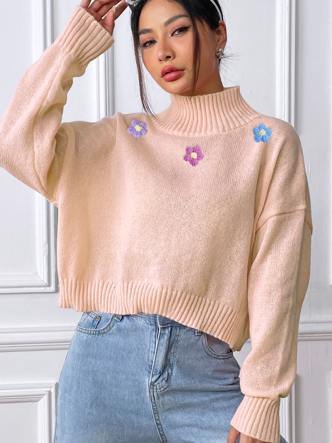 Flower Turtleneck Long Sleeve Sweater-Trendy