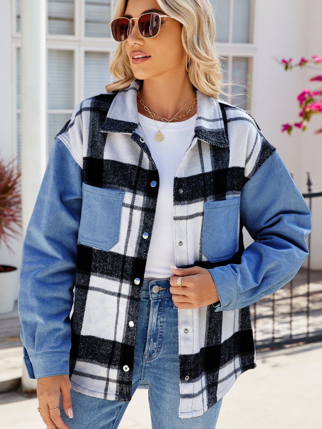 Pocketed Plaid Snap Down Denim Jacket-Trendy