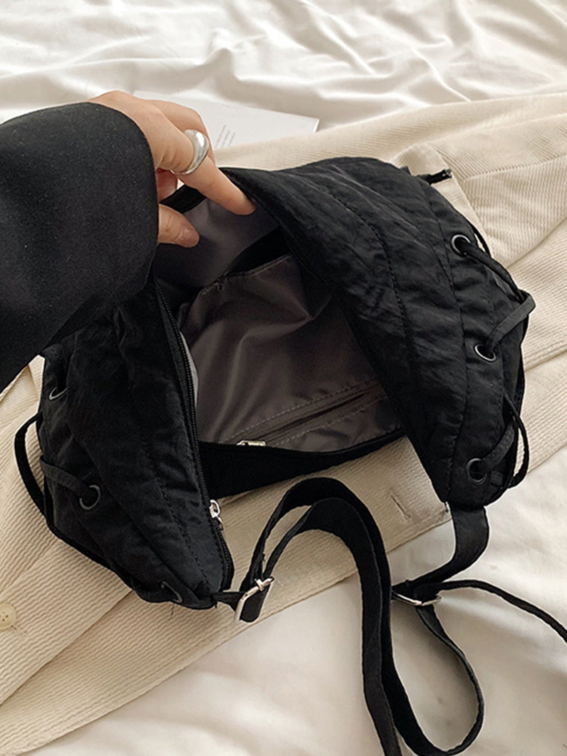 Lace-Up Polyester Crossbody Bag-Adjustable