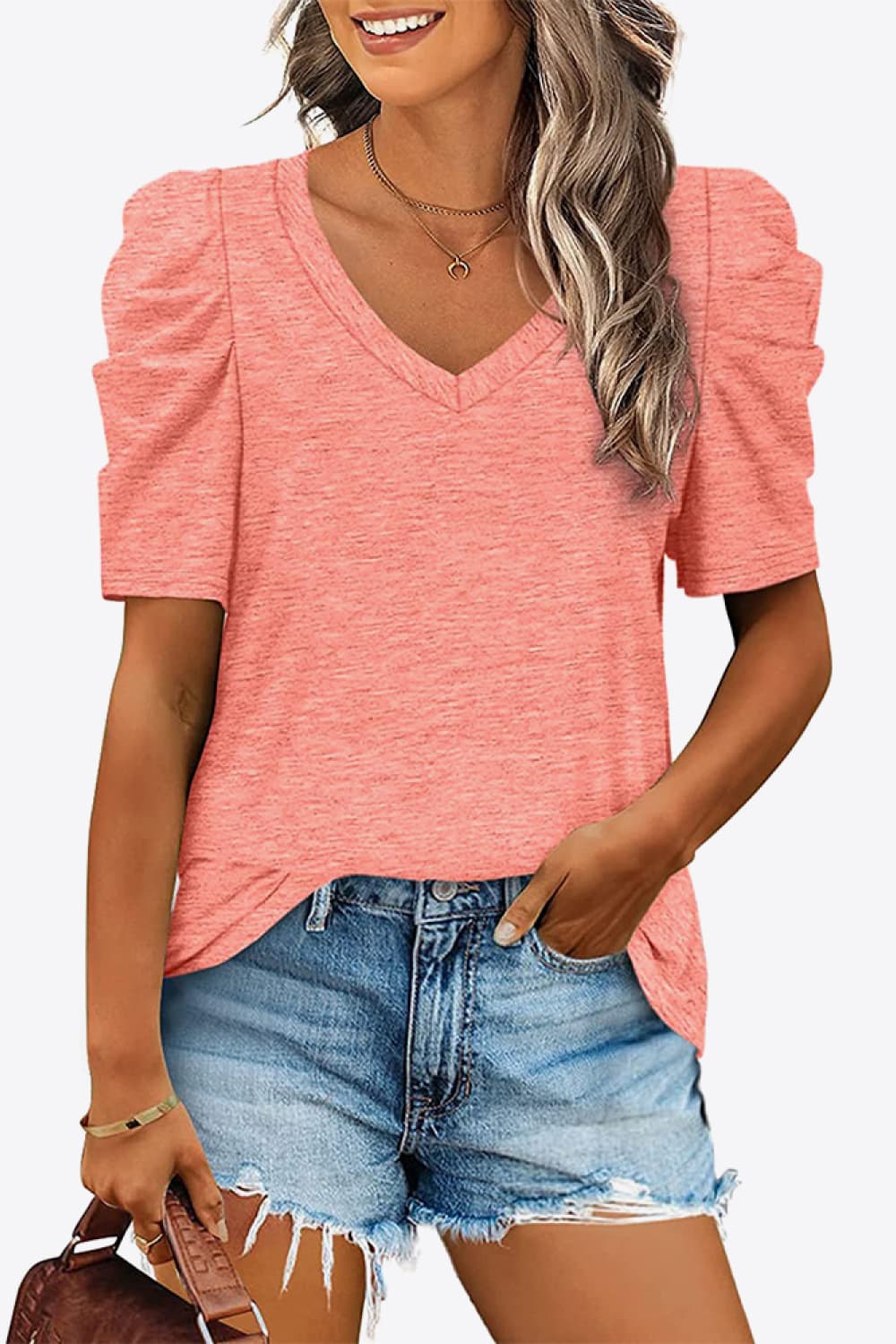 V-Neck Puff Sleeve Tee-Trendy-Comfortable