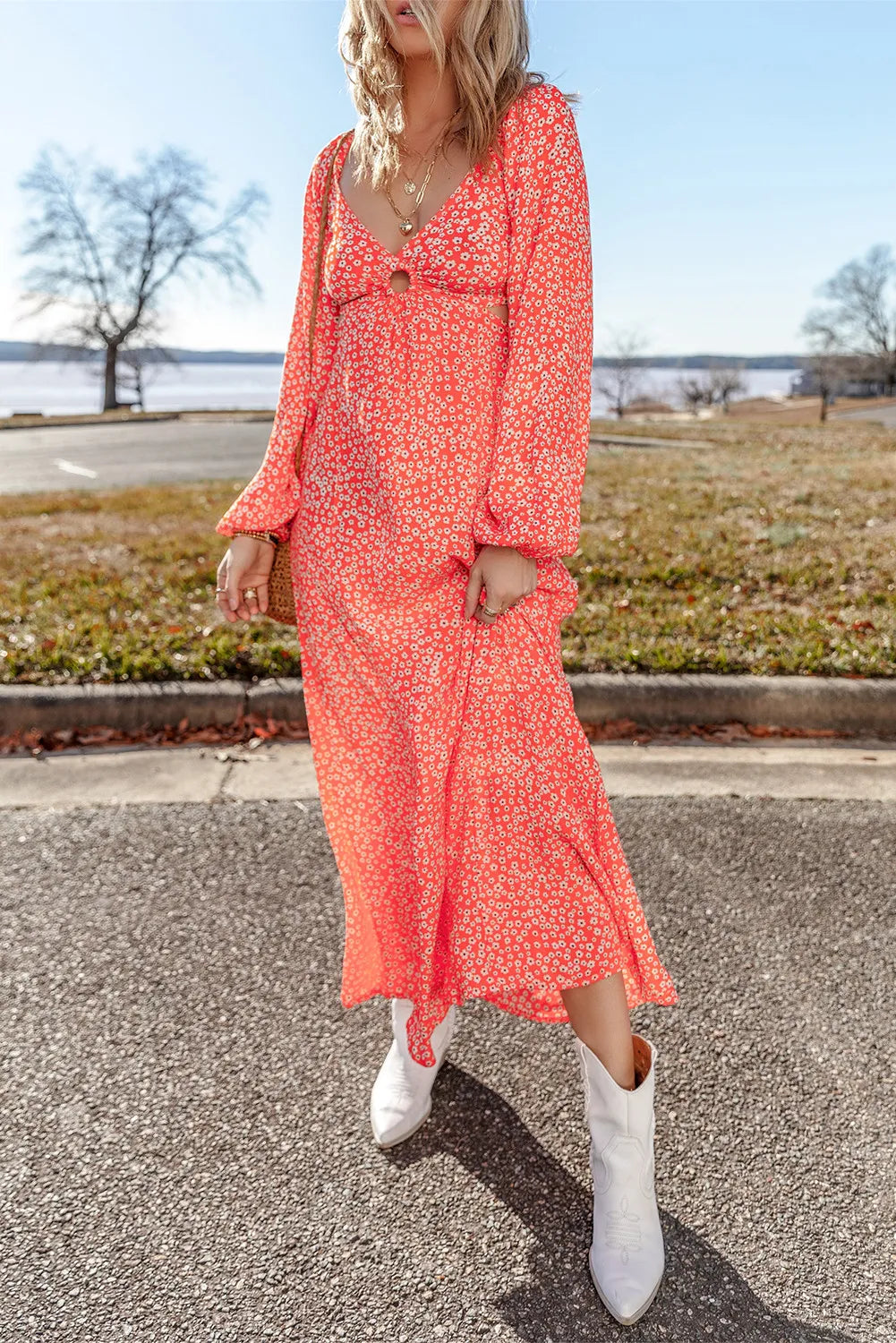 Printed V-Neck Long Sleeve Midi Dress-Stylish-Casual