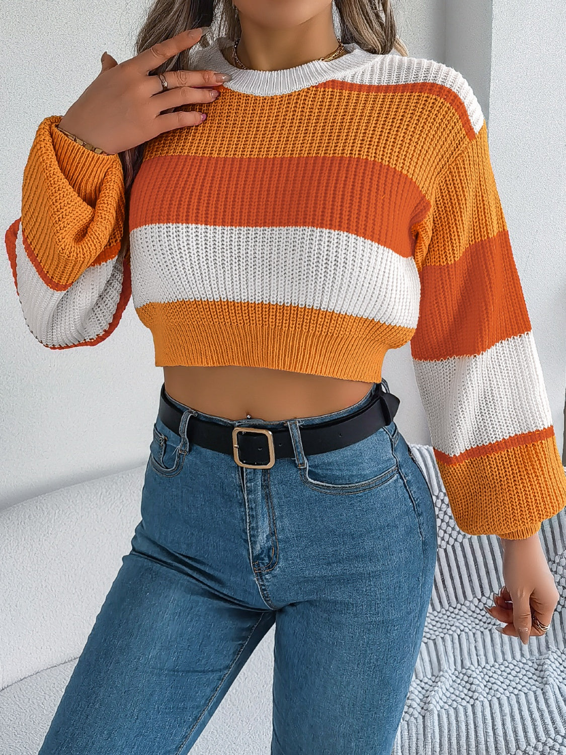 Color Block Round Neck - Cropped Sweater