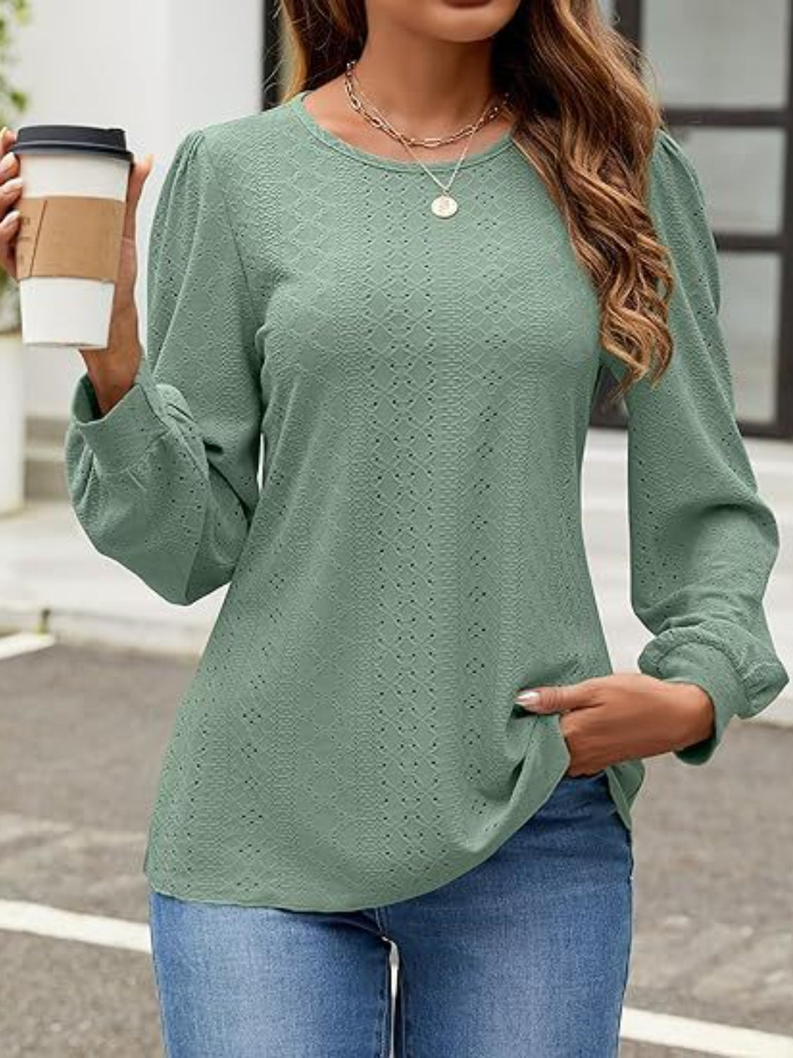 Eyelet Round Neck Long Sleeve Top-Comfortable-Fashion