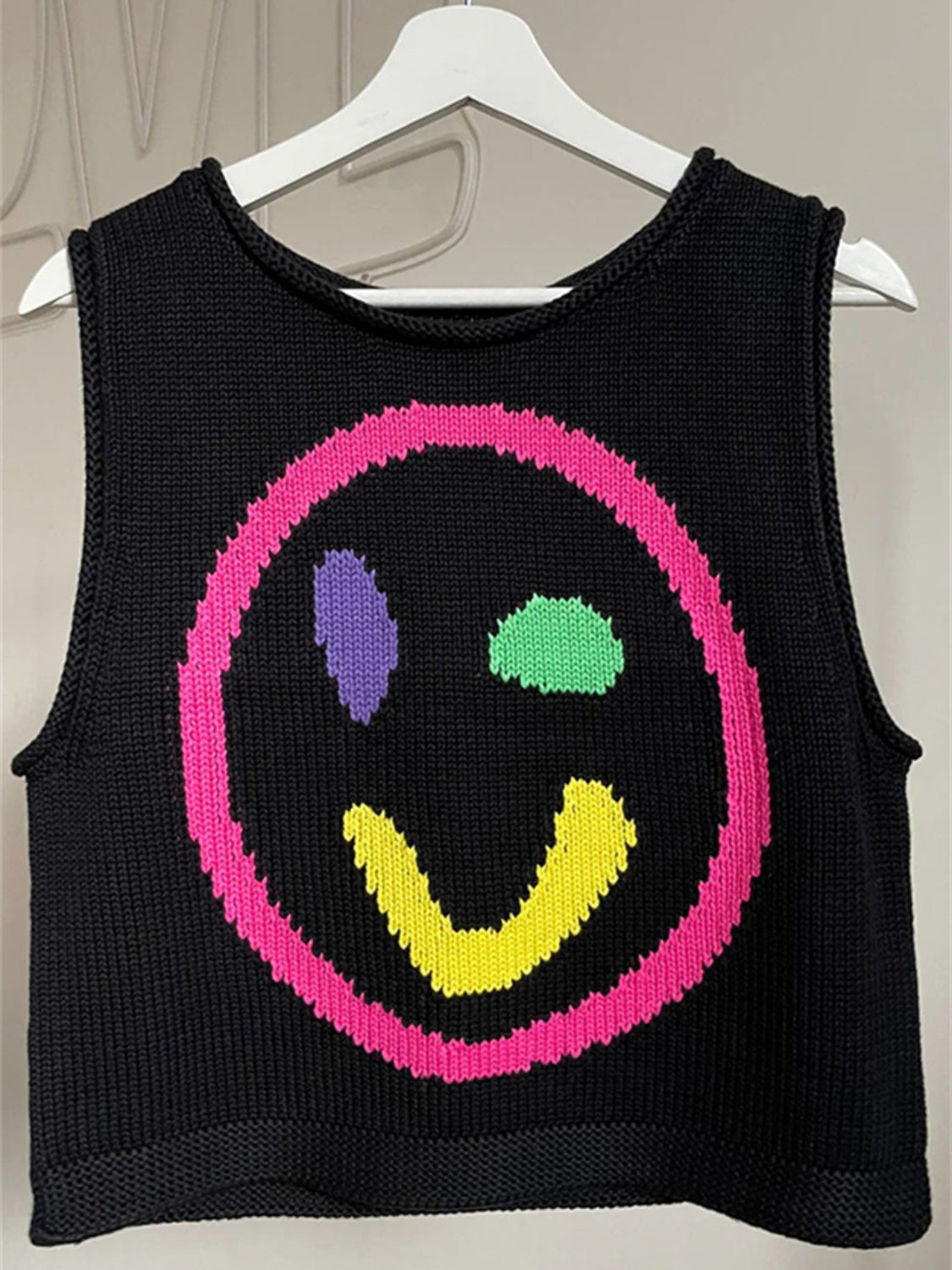 Smiley Round Neck Sweater Vest-Comfortable