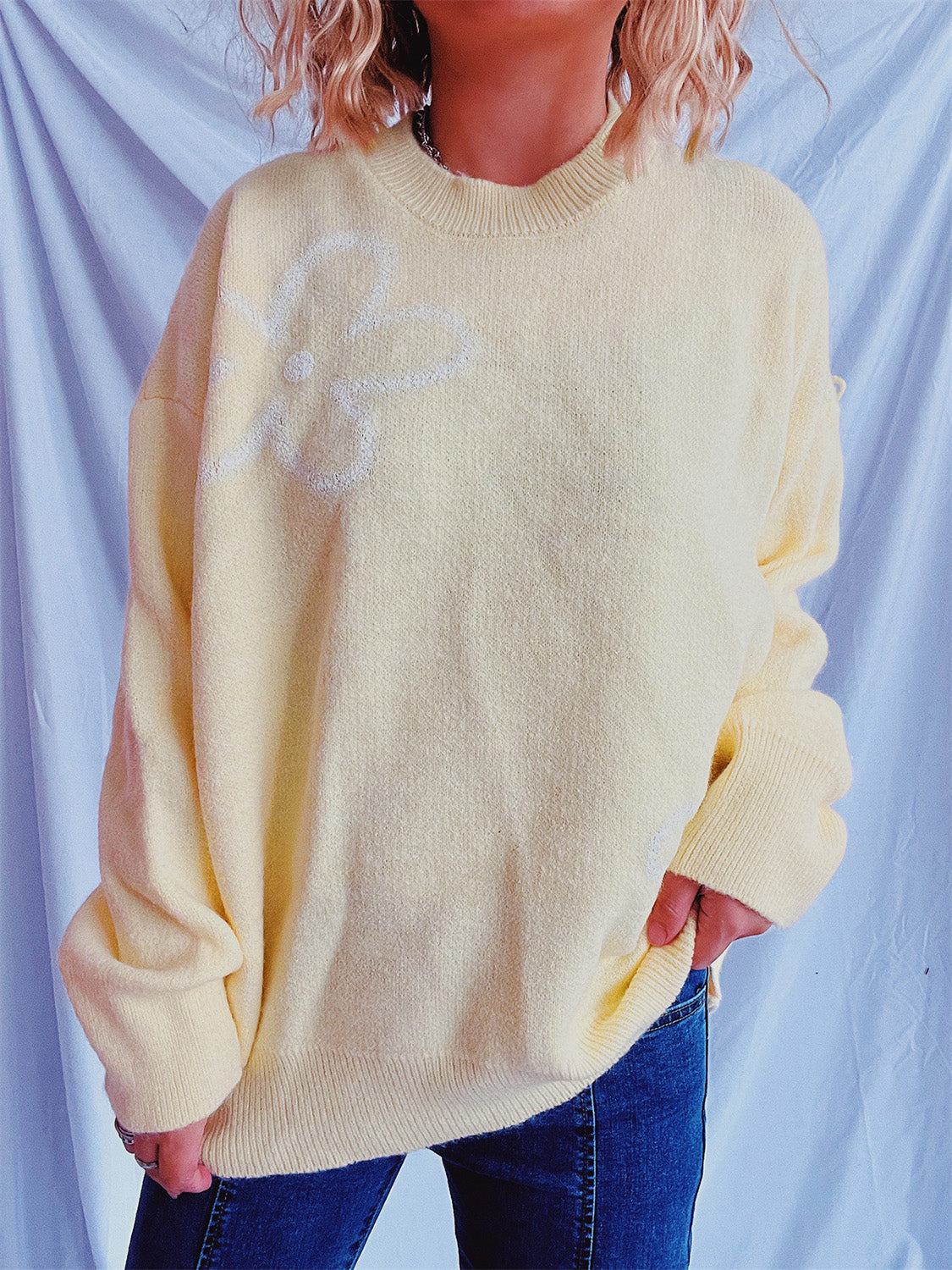 Flower Round Neck Long Sleeve Sweater Cozy