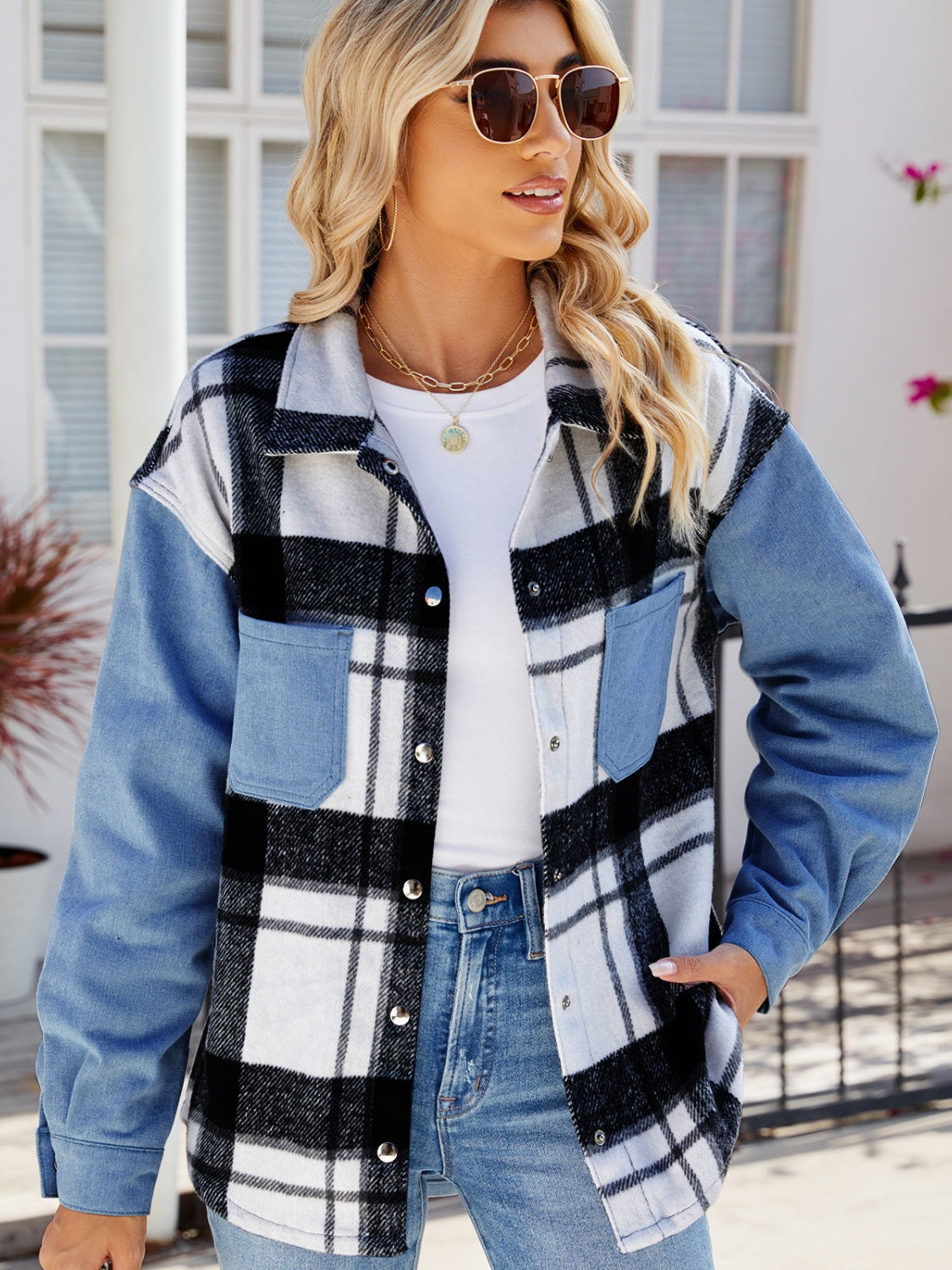 Pocketed Plaid Snap Down Denim Jacket-Trendy