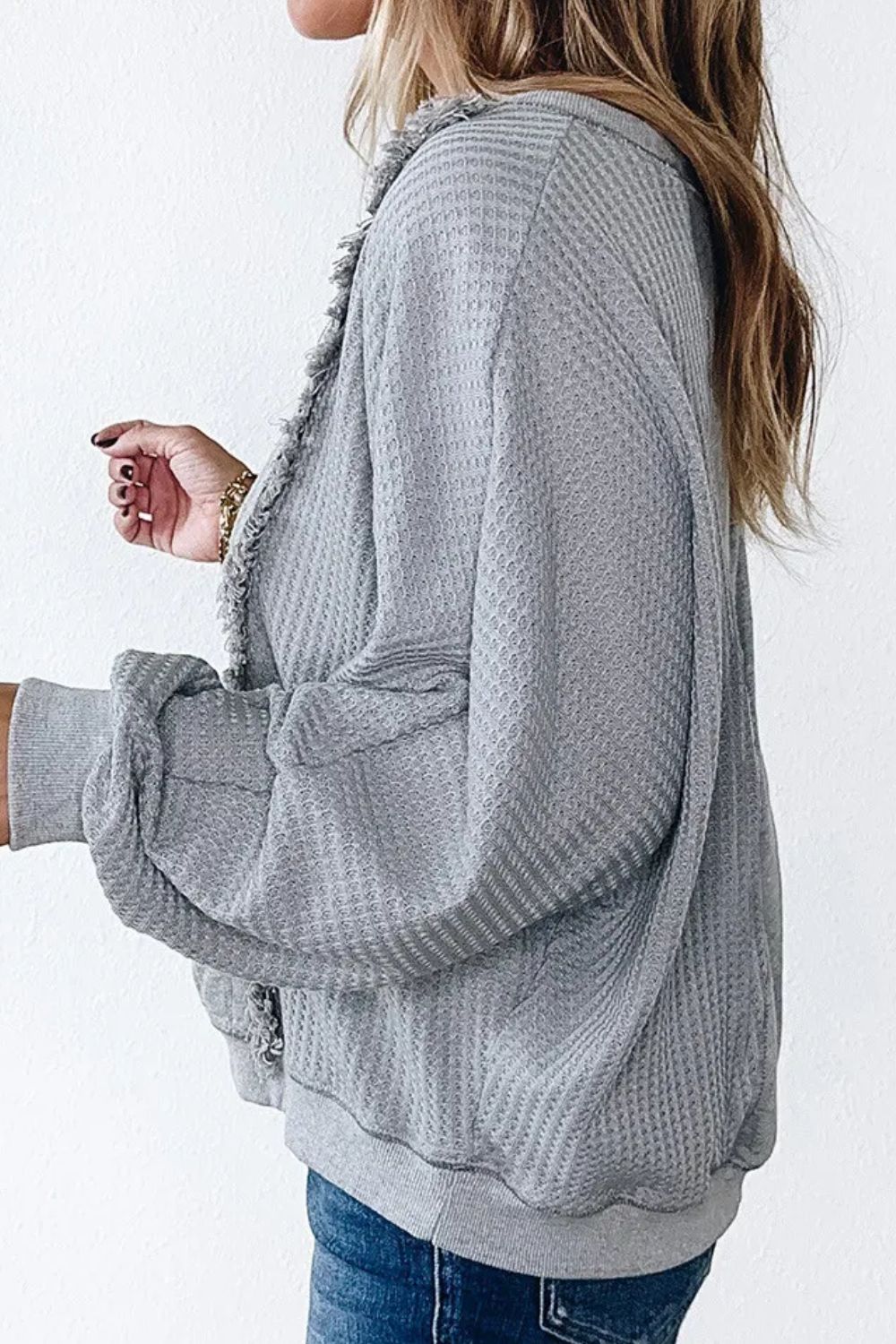 Waffle-Knit Round Neck Long Sleeve Top-Comfy