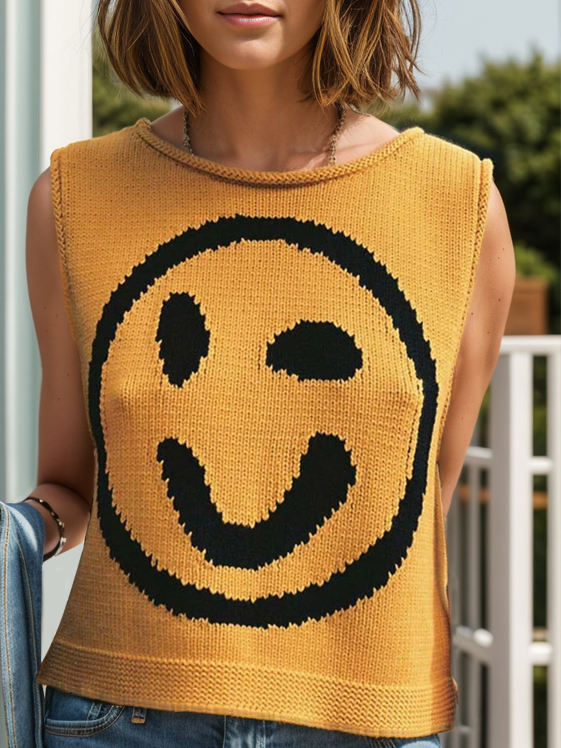 Smiley Round Neck Sweater Vest-Comfortable