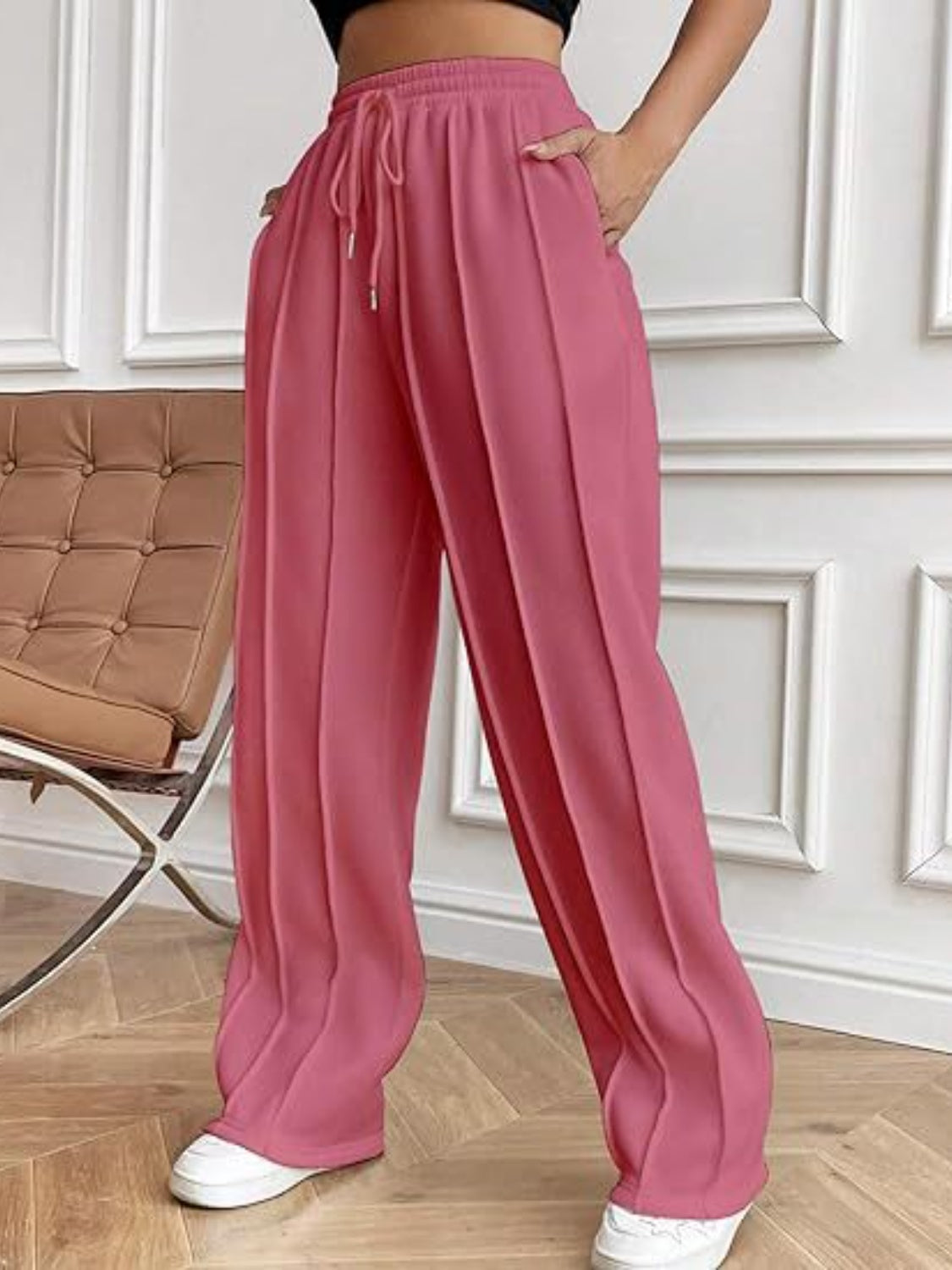 Drawstring Wide Leg Pants with Pockets-Comfortable